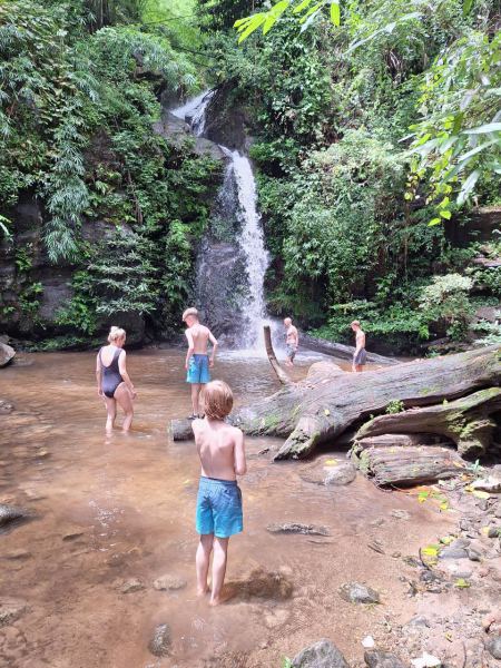 Guests wading toward the jungle waterfall - lifeonwheel.com