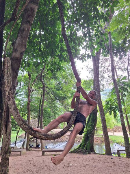 Swinging on a jungle vine above the sandy clearing - lifeonwheel.com